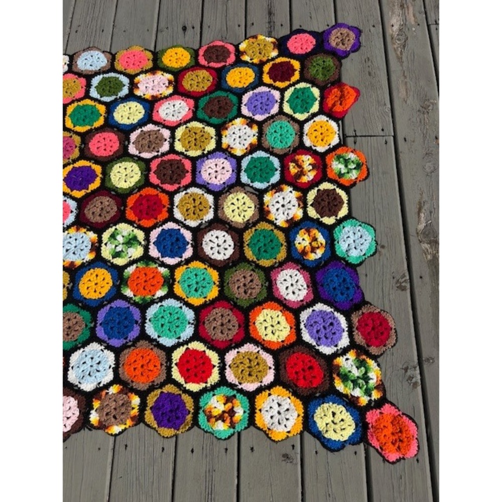 Vintage Handmade Crochet Hexagon Afghan Blanket Multi Color Granny Square Throw - Picture 6 of 14